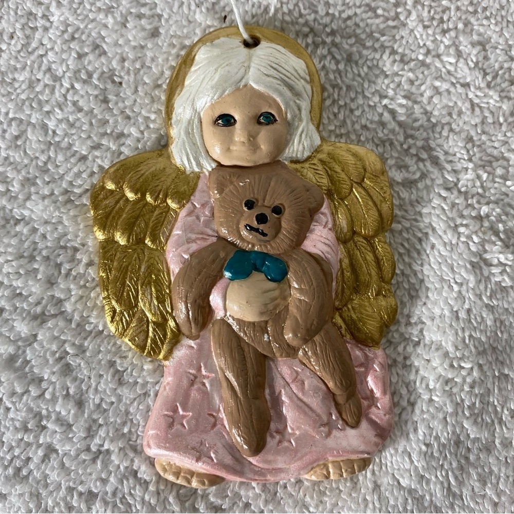 5/$35 Vintage Hand Painted Pink Angel W Bear Ceramic Christmas Tree Ornament
